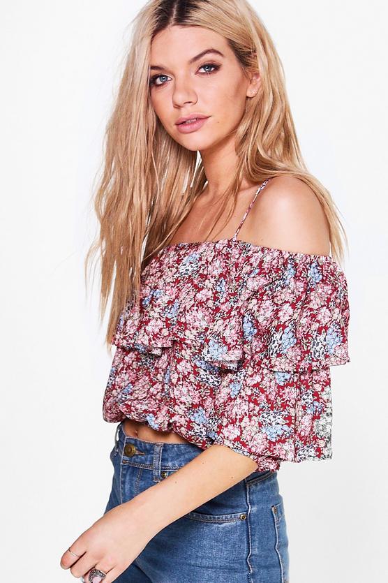 Lorna Printed Tiered Cold Shoulder Top